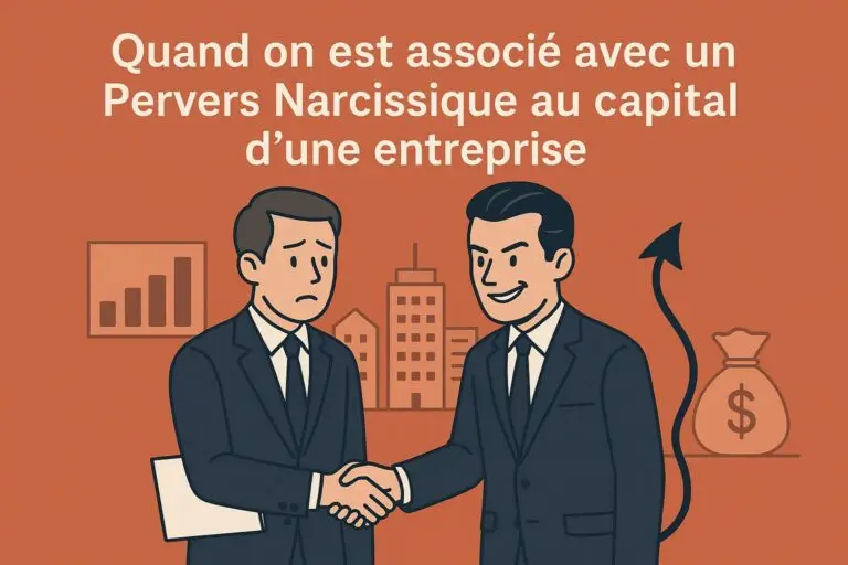Deux associés en costume se serrent la main : l’un semble inquiet, l’autre sourit de manière manipulatrice avec une ombre en forme de diable derrière lui, illustrant une relation toxique avec un pervers narcissique dans une entreprise.