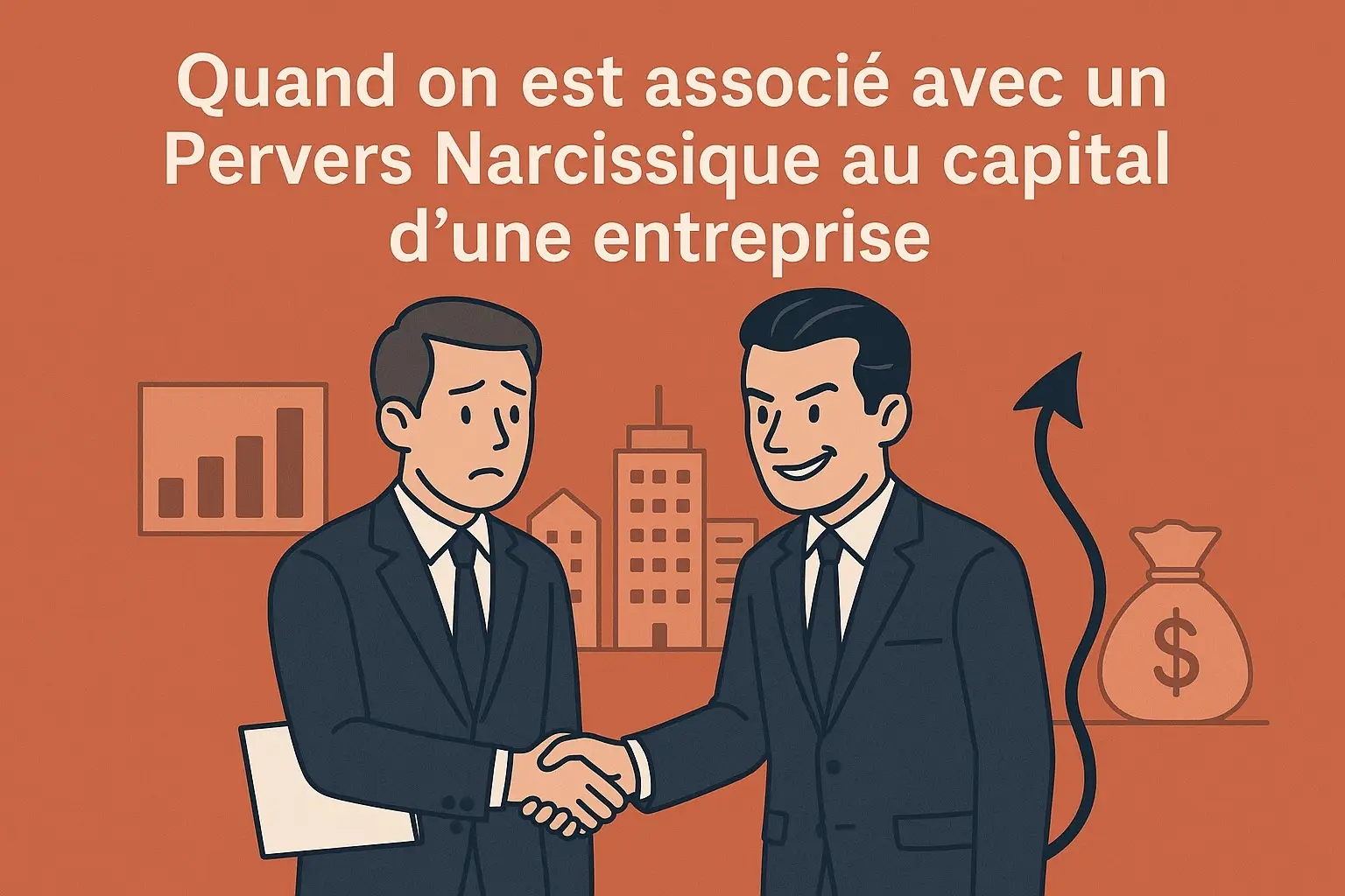 Deux associés en costume se serrent la main : l’un semble inquiet, l’autre sourit de manière manipulatrice avec une ombre en forme de diable derrière lui, illustrant une relation toxique avec un pervers narcissique dans une entreprise.