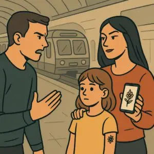 Illustration d’un père en désaccord avec la mère concernant un tatouage imposé à leur fille, symbolisant la jouissance de la transgression chez un profil toxique.