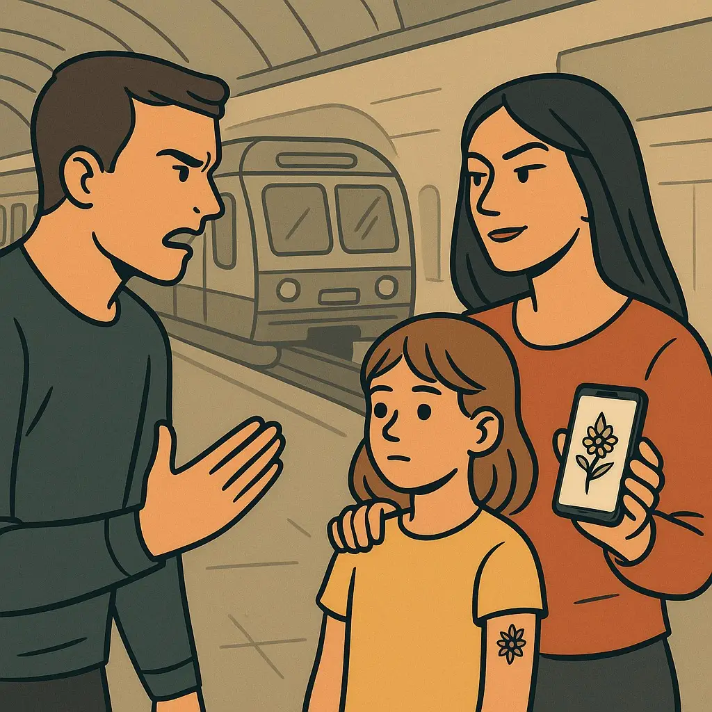 Illustration d’un père en désaccord avec la mère concernant un tatouage imposé à leur fille, symbolisant la jouissance de la transgression chez un profil toxique.