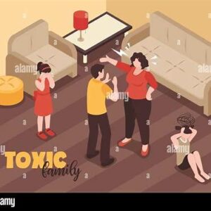 Illustration représentant une famille en conflit, symbolisant une dynamique toxique