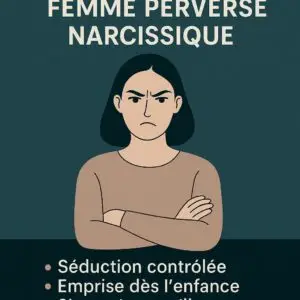 Femme au regard dur, bras croisés, représentant une femme perverse narcissique avec les mentions "Séduction contrôlée", "Emprise dès l'enfance", "Manipulation subtile".