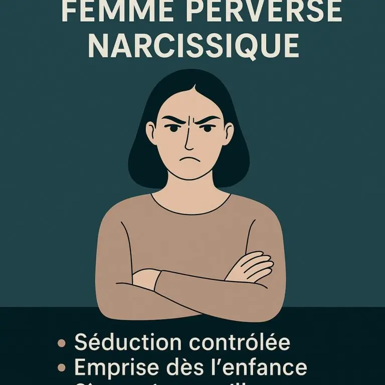 Femme au regard dur, bras croisés, représentant une femme perverse narcissique avec les mentions "Séduction contrôlée", "Emprise dès l'enfance", "Manipulation subtile".