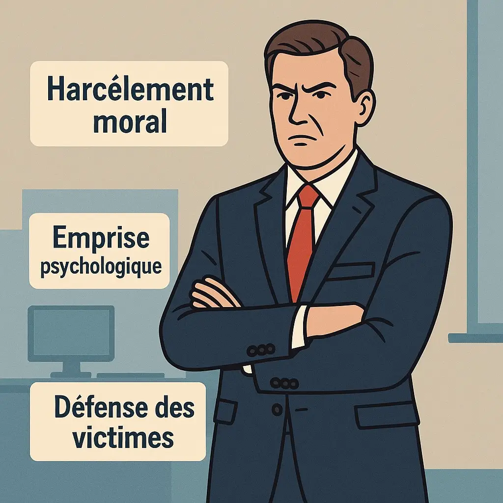 Homme en costume dans un bureau, symbolisant la lutte contre le harcèlement moral, l'emprise psychologique et la défense des victimes en entreprise.