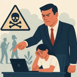 Illustration représentant un salarié isolé, face à un supérieur au comportement dominateur et manipulateur, symbolisant le harcèlement moral au travail par un profil toxique.