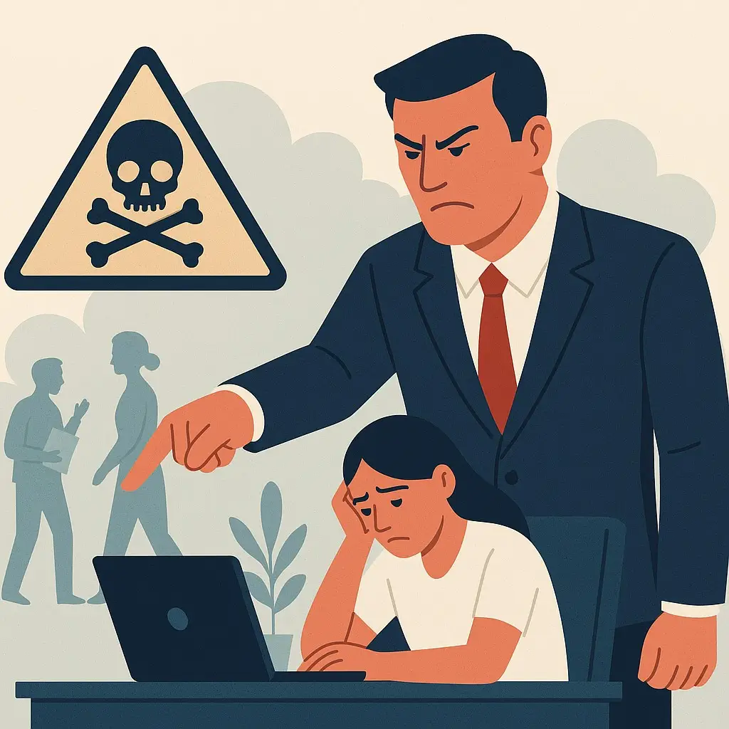 Illustration représentant un salarié isolé, face à un supérieur au comportement dominateur et manipulateur, symbolisant le harcèlement moral au travail par un profil toxique.