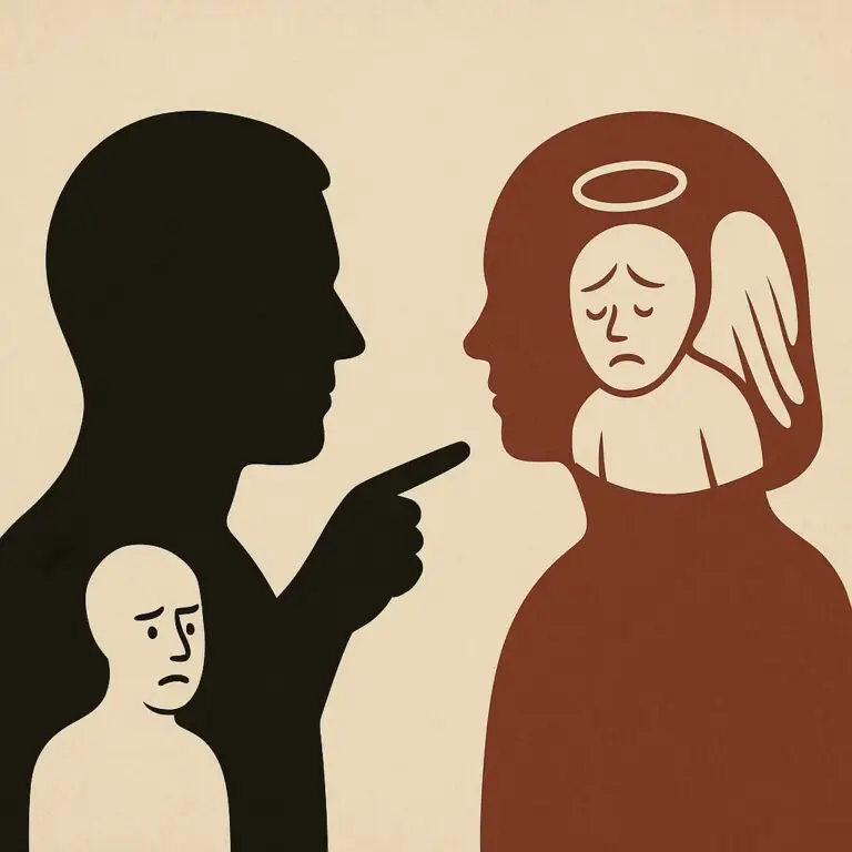 Illustration d’un homme sombre pointant une femme au visage triste avec une figure angélique, symbolisant une inversion accusatoire typique des pervers narcissiques.