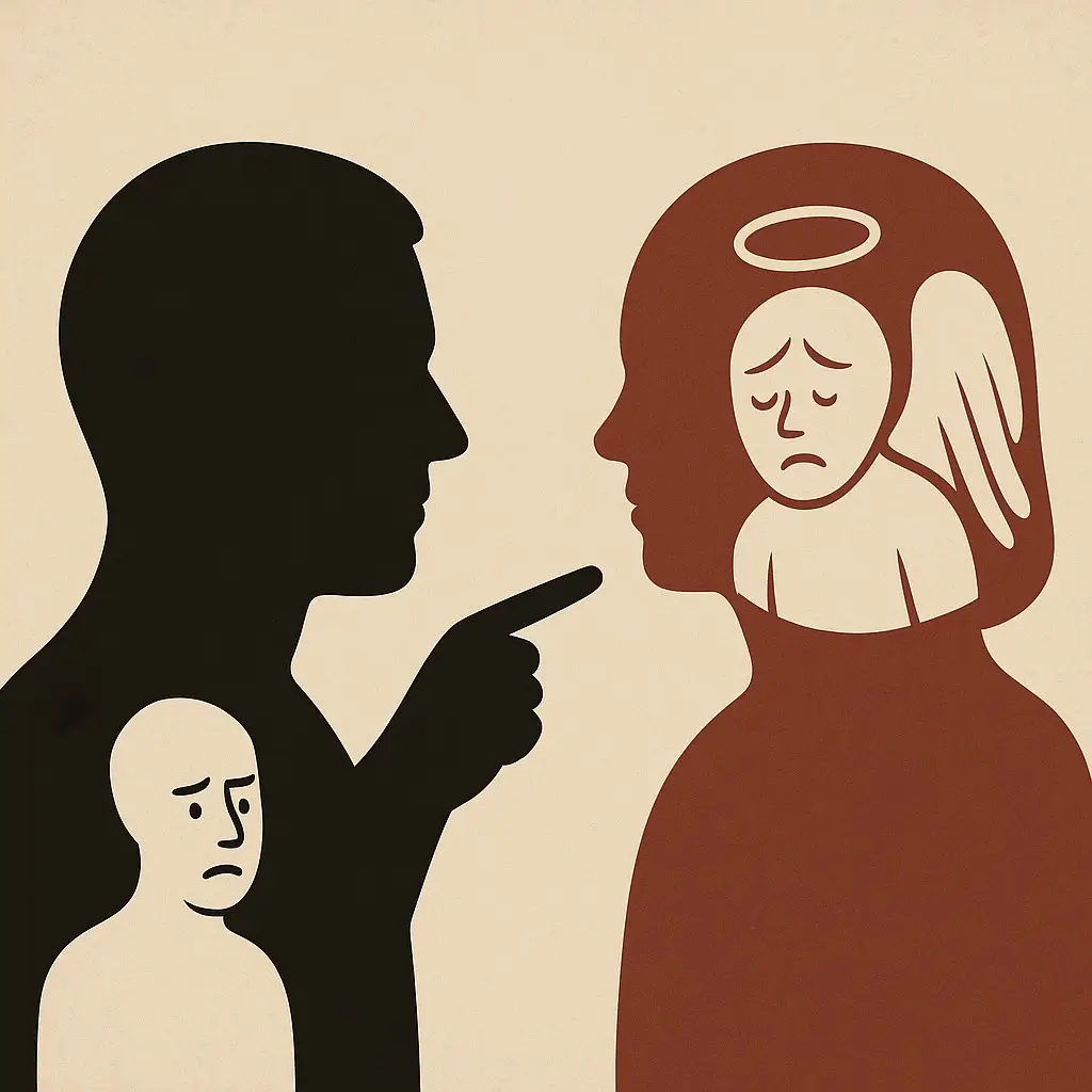Illustration d’un homme sombre pointant une femme au visage triste avec une figure angélique, symbolisant une inversion accusatoire typique des pervers narcissiques.
