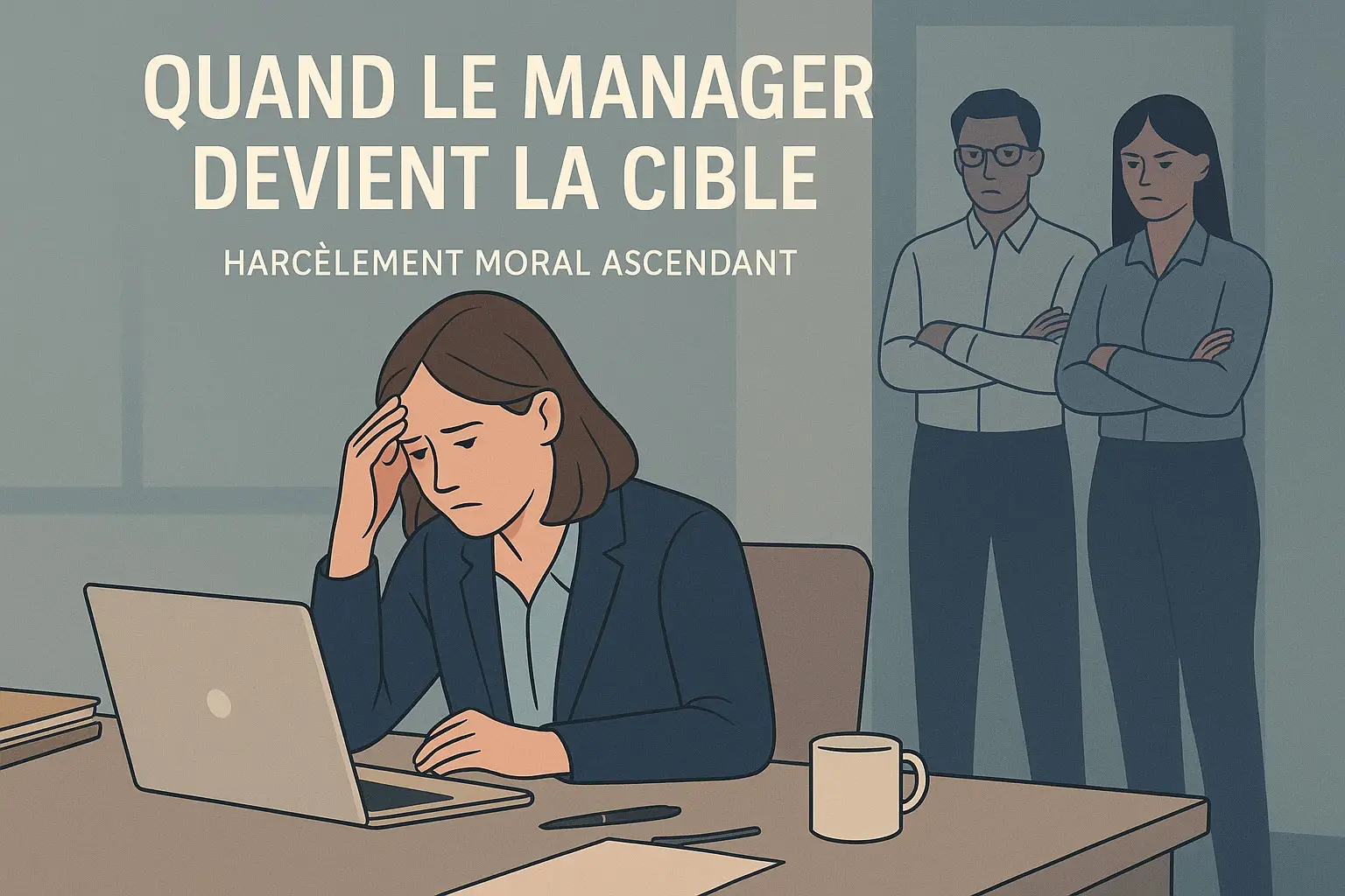 Illustration d’un manager victime de harcèlement moral ascendant au bureau, face à un subordonné toxique