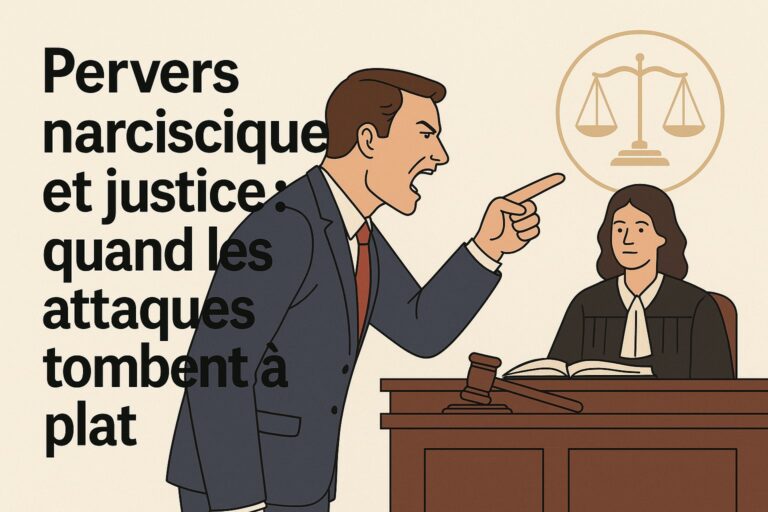 Illustration d’un personnage manipulateur face à une balance de justice, symbolisant les tactiques procédurales des profils pervers narcissiques.