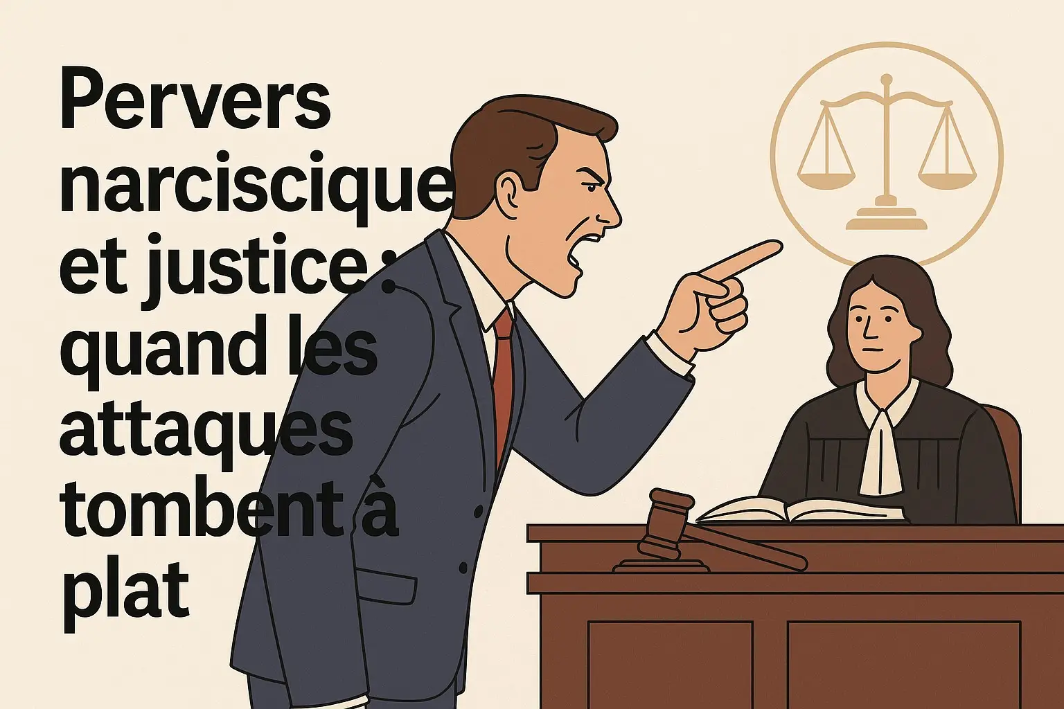 Illustration d’un personnage manipulateur face à une balance de justice, symbolisant les tactiques procédurales des profils pervers narcissiques.