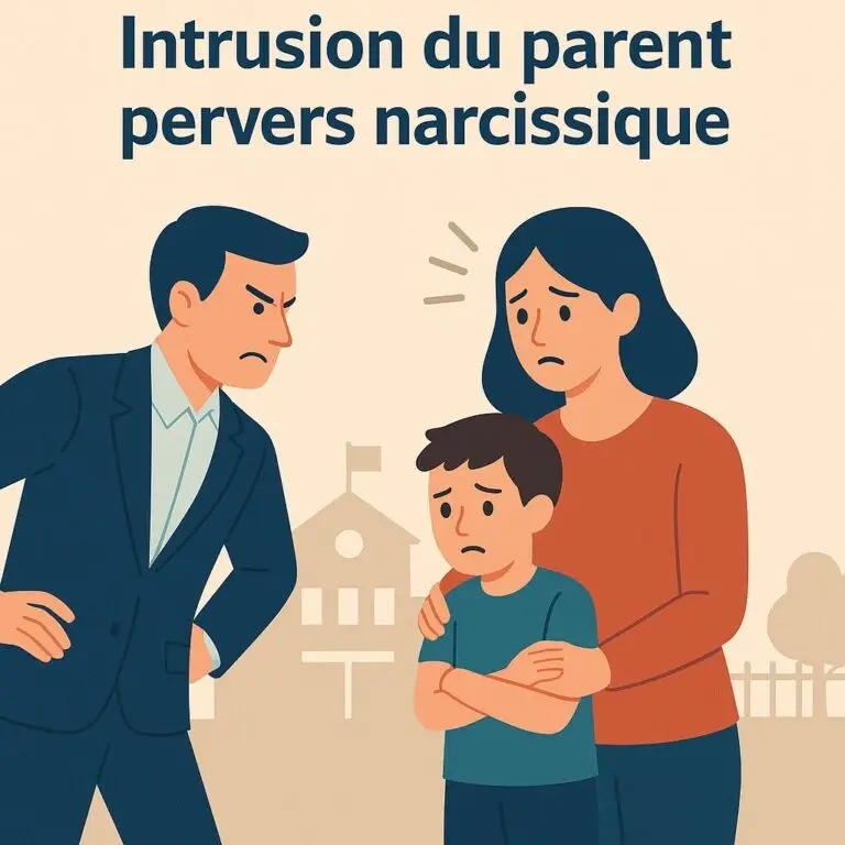 Illustration d’un père au comportement agressif face à une mère inquiète tenant un enfant, devant une école – évoquant l’intrusion parentale toxique.