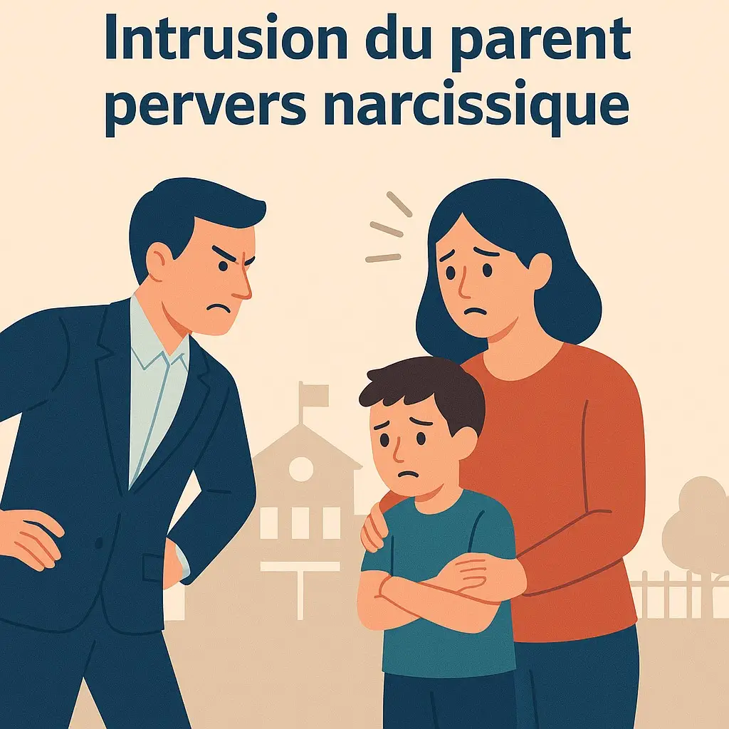 Illustration d’un père au comportement agressif face à une mère inquiète tenant un enfant, devant une école – évoquant l’intrusion parentale toxique.