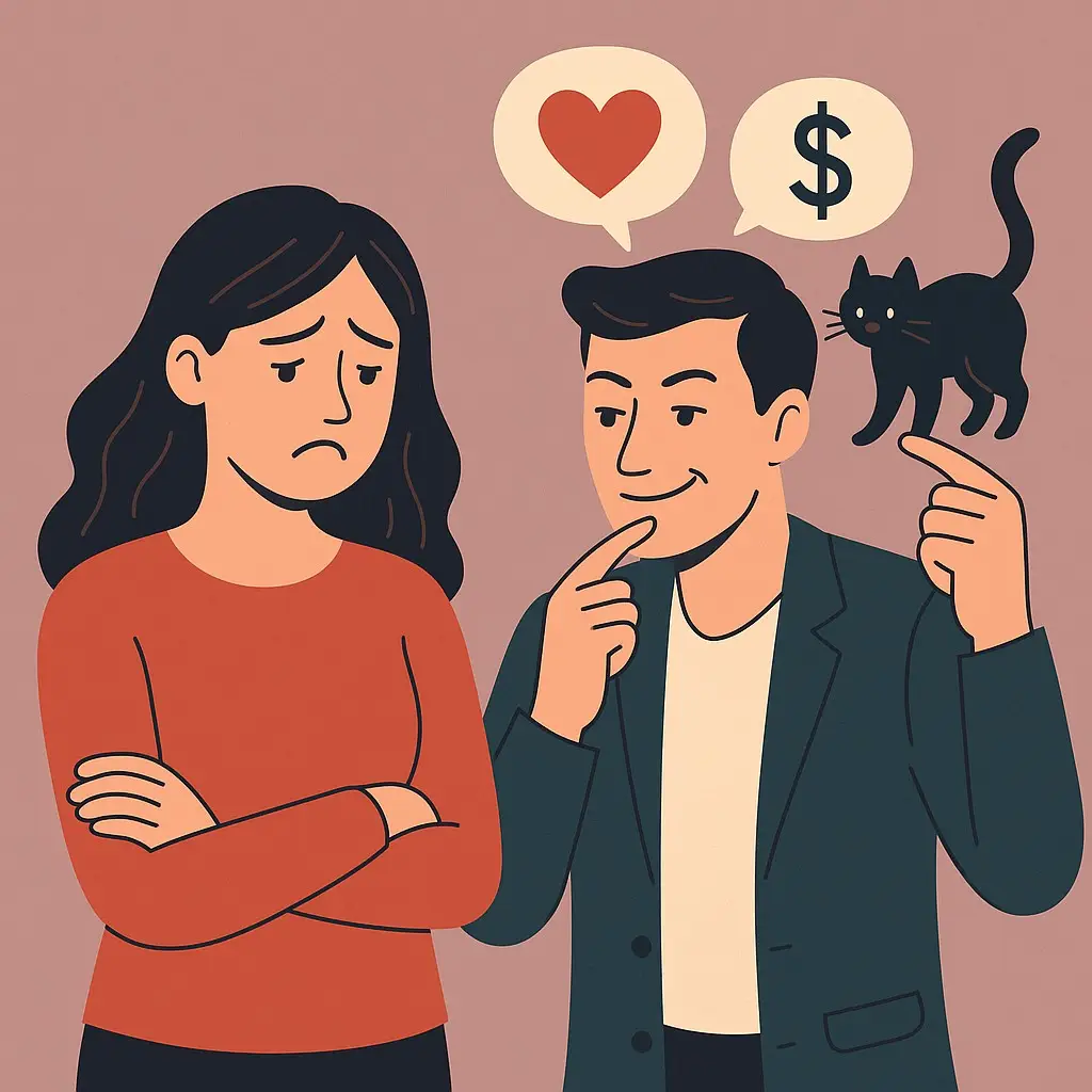 Homme manipulateur jouant avec une femme par amour et argent, symbolisé par un chat et des bulles contenant un cœur et un dollar.