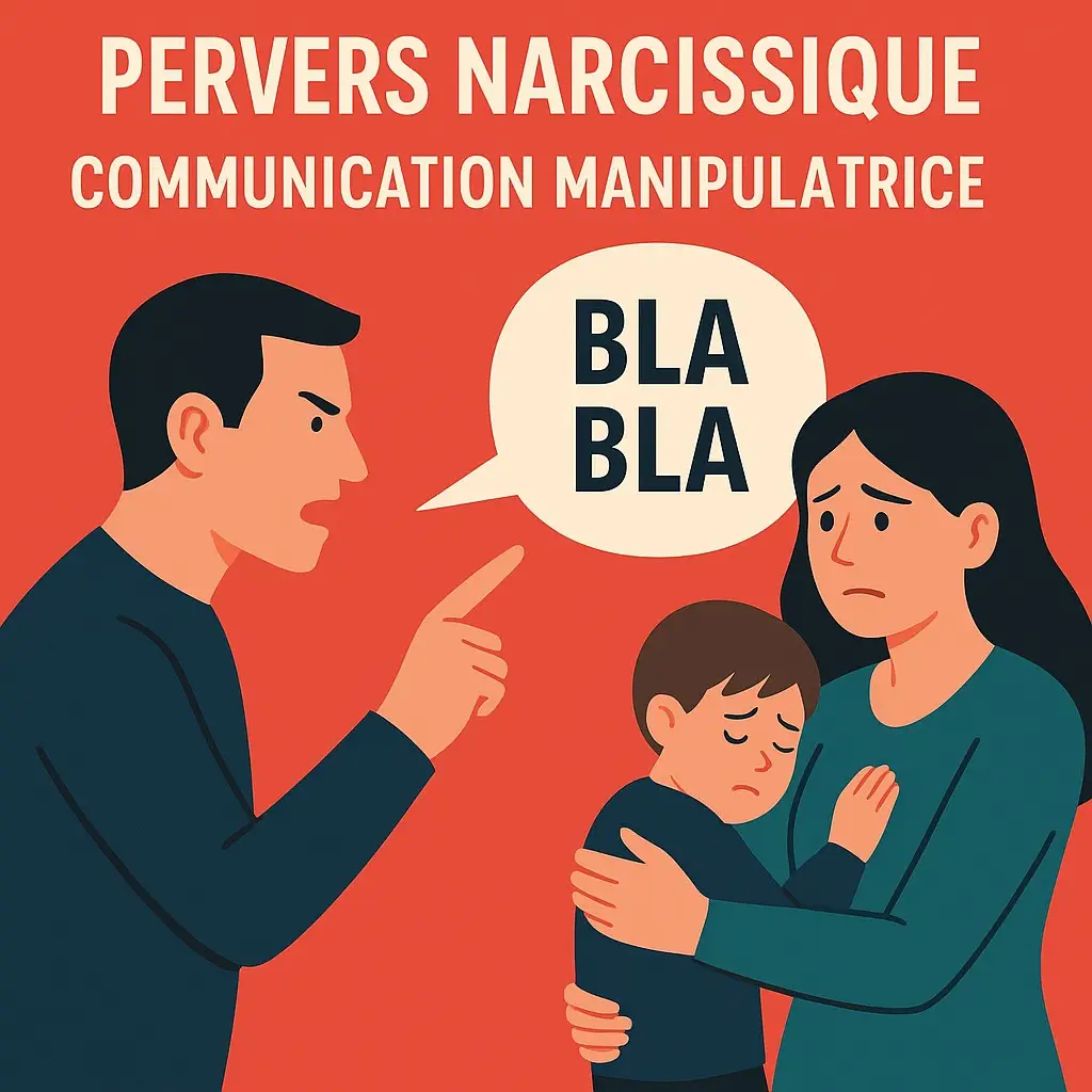 Illustration d’un homme au visage ambigu manipulant des lettres en suspension, tandis qu’une femme confuse tente de suivre le fil de la conversation.