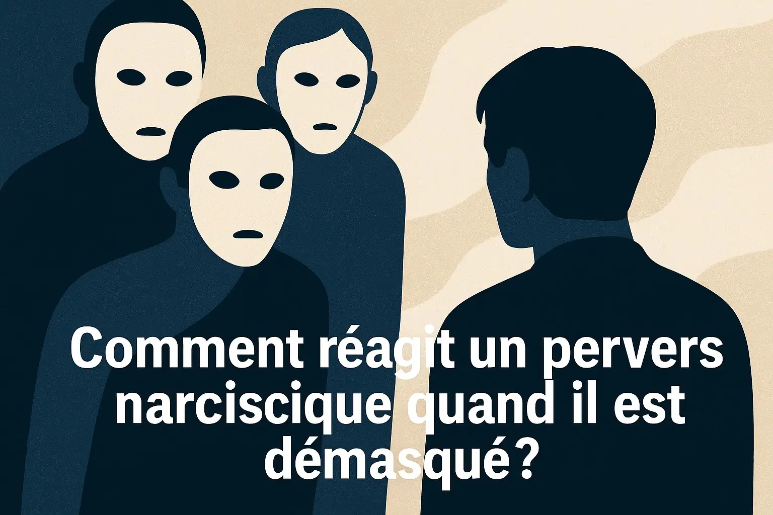 Illustration d’un personnage masqué mis à nu sous le regard de plusieurs silhouettes, symbolisant le pervers narcissique démasqué.