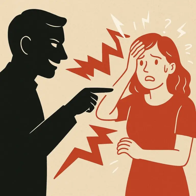 Illustration d’un pervers narcissique pointant du doigt une femme déstabilisée, symbolisant l’effet de surprise et la manipulation psychologique.