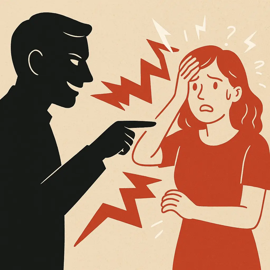 Illustration d’un pervers narcissique pointant du doigt une femme déstabilisée, symbolisant l’effet de surprise et la manipulation psychologique.