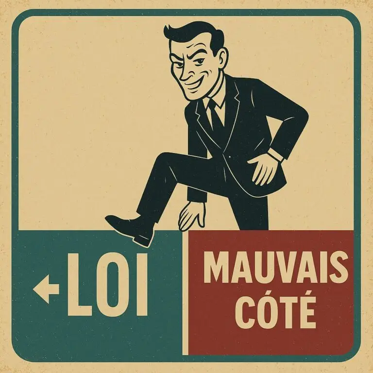 Illustration d’un homme au regard manipulateur franchissant une limite symbolique entre “loi” et “mauvais côté”, représentant visuellement un pervers narcissique transgressant sans tomber sous le coup du droit.