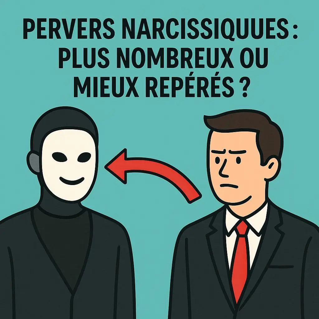 Illustration d’une silhouette isolée observée par plusieurs visages masqués – métaphore visuelle de la surveillance sociale et des profils narcissiques dissimulés.