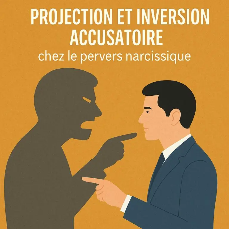 Illustration représentant une figure manipulatrice accusant injustement une personne bouleversée, symbolisant la projection et l’inversion accusatoire chez le pervers narcissique.