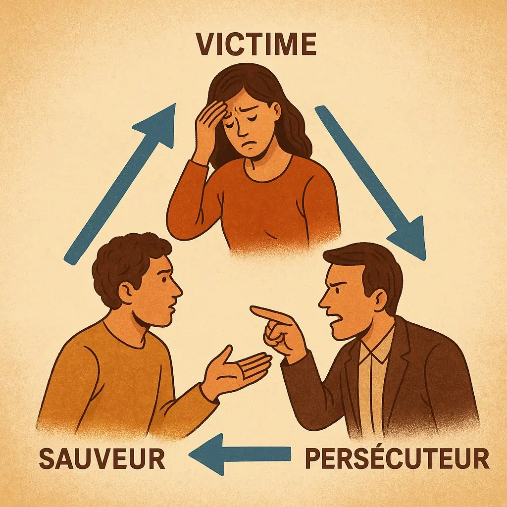 Illustration du triangle dramatique de Karpman montrant les rôles de Victime, Sauveur et Persécuteur, dans une scène évocatrice.