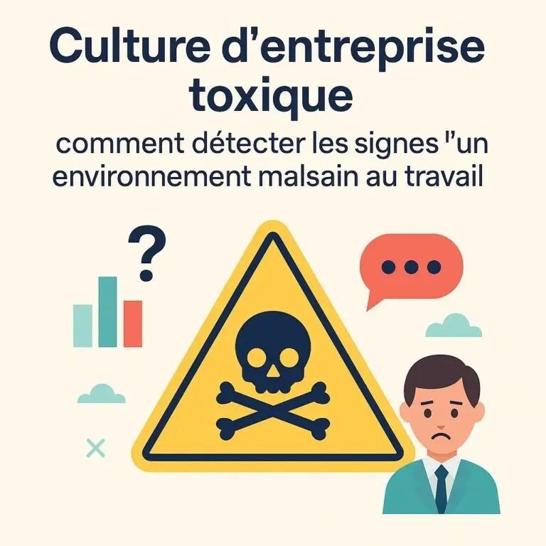 Illustration représentant une alerte de danger liée à une culture d’entreprise toxique, avec un employé stressé, un panneau d’avertissement, et des symboles de communication dysfonctionnelle au travail.