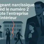 Illustration d’un dirigeant narcissique en entreprise, numéro 2 toxique manipulant ses équipes dans l’ombre.