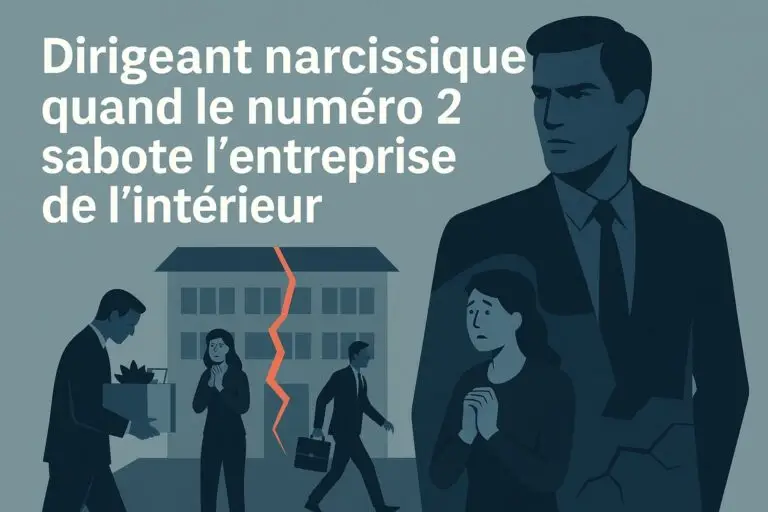 Illustration d’un dirigeant narcissique en entreprise, numéro 2 toxique manipulant ses équipes dans l’ombre.