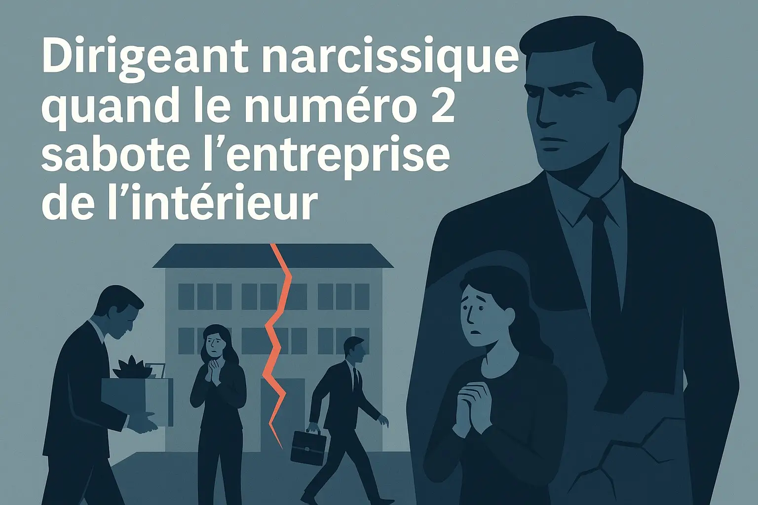 Illustration d’un dirigeant narcissique en entreprise, numéro 2 toxique manipulant ses équipes dans l’ombre.