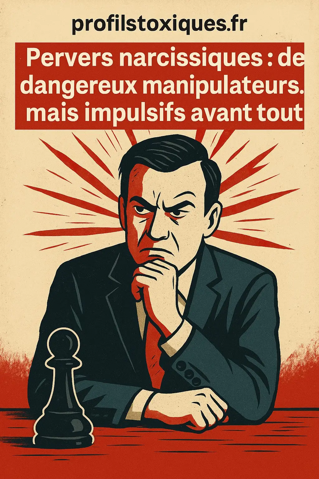 Illustration d’un pervers narcissique impulsif manipulant de manière instinctive, avec une expression tendue et un pion d’échecs symbolisant le contrôle.