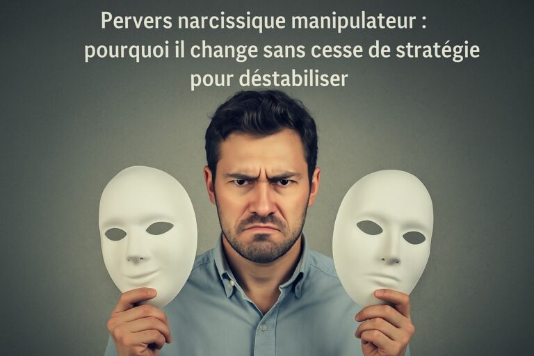 Un personnage tient deux masques dans ses mains, symbolisant la duplicité et la manipulation émotionnelle d’un pervers narcissique.