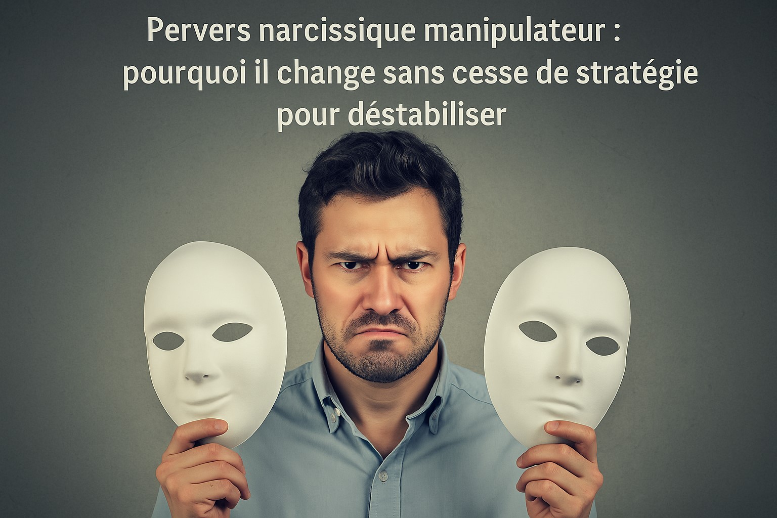 Un personnage tient deux masques dans ses mains, symbolisant la duplicité et la manipulation émotionnelle d’un pervers narcissique.
