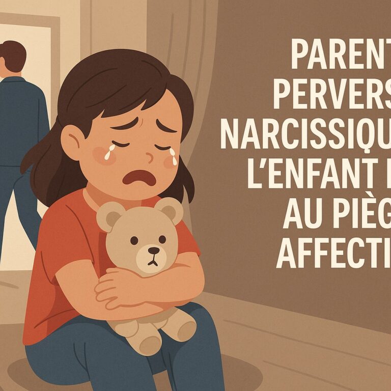 Illustration d’un enfant en détresse émotionnelle face à un parent narcissique dans une relation de dépendance affective.