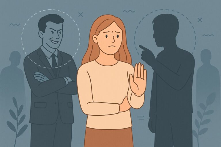 Illustration d’une personne en hypervigilance après une relation toxique, submergée par la peur de revoir un pervers narcissique dans son entourage.