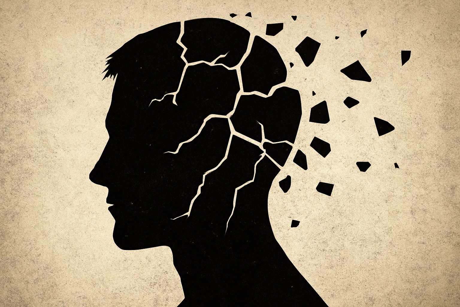 Silhouette noire d’un visage fissuré représentant la perte de contrôle du pervers narcissique et l’effondrement de son faux self.