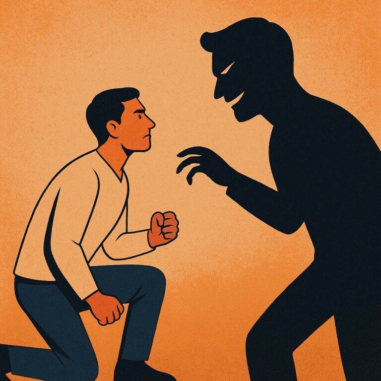 Illustration : personne se relevant face à une silhouette sombre représentant un pervers narcissique