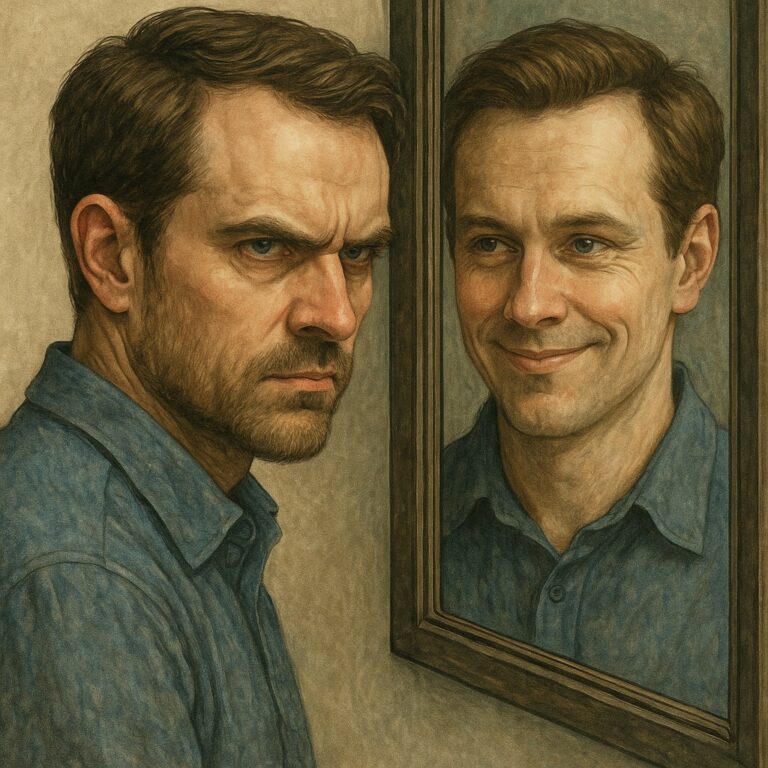 Un homme observe son reflet dans un miroir : son visage réel est fermé et sombre, tandis que son reflet affiche un sourire trompeur, illustrant le double visage du pervers narcissique copycat.