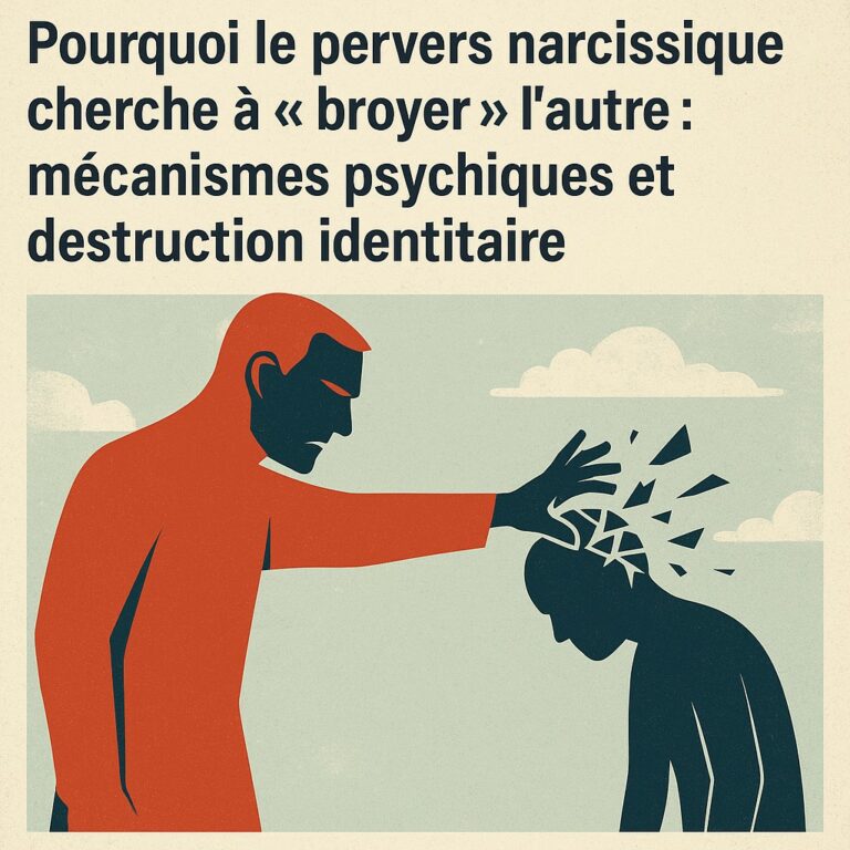 Illustration d’un pervers narcissique broyant psychiquement une victime, symbolisant la destruction identitaire.