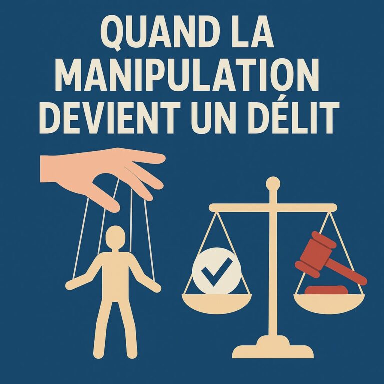 Illustration représentant une main manipulant une marionnette à côté d’une balance de justice, symbolisant le passage de la manipulation au délit.