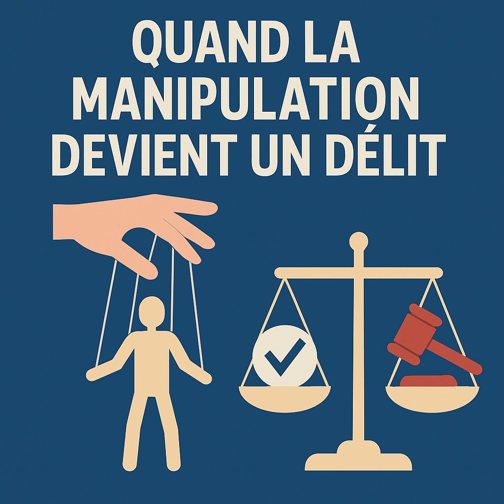 Illustration représentant une main manipulant une marionnette à côté d’une balance de justice, symbolisant le passage de la manipulation au délit.