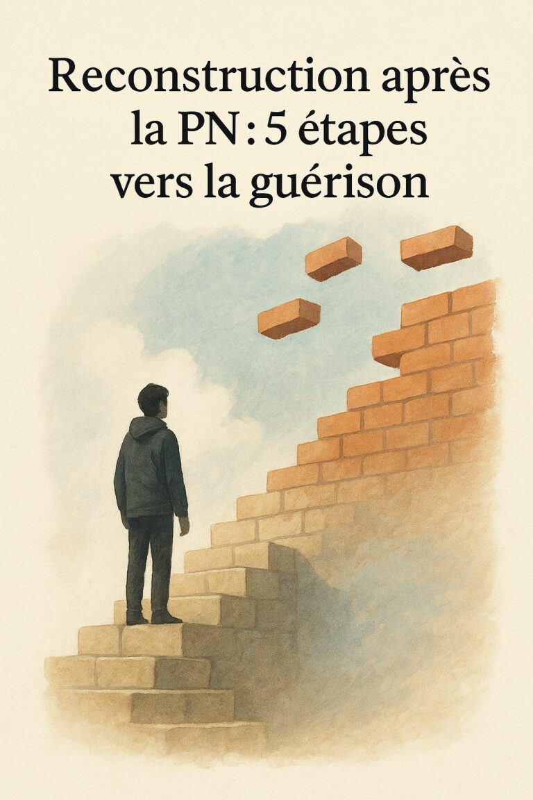 Illustration d’une personne montant un escalier en reconstruction, symbolisant la guérison après une relation avec un pervers narcissique.