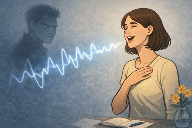 Illustration de l’échoïsme après une relation toxique : une femme reprend sa voix face à l’ombre d’un pervers narcissique