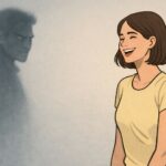 Illustration d’une femme souriante faisant face à l’ombre d’un pervers narcissique, symbolisant l’attaque du bonheur et de la joie