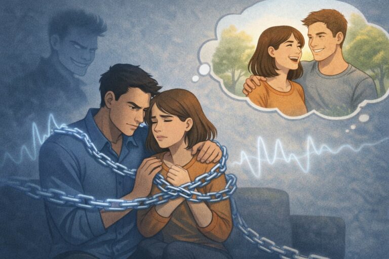 Illustration du trauma bonding dans une relation avec un pervers narcissique, montrant un lien traumatique émotionnel et une emprise psychologique