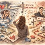 Illustration comparant trouble borderline et pervers narcissique : peur de l’abandon, souffrance émotionnelle, manipulation, contrôle et emprise psychologique.