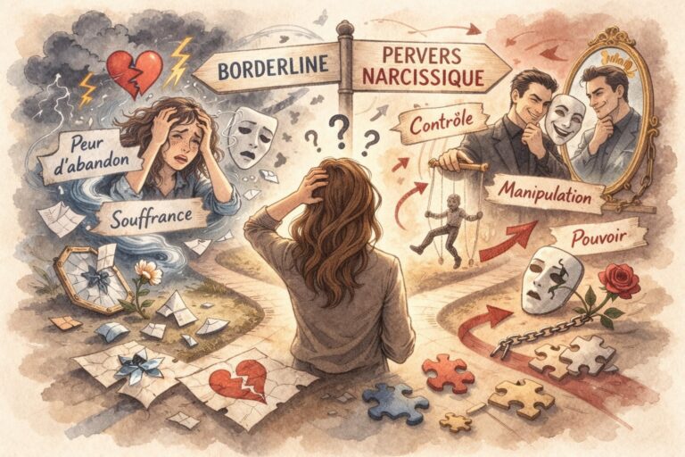 Illustration comparant trouble borderline et pervers narcissique : peur de l’abandon, souffrance émotionnelle, manipulation, contrôle et emprise psychologique.