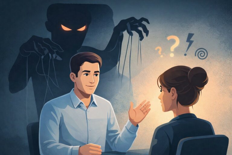 Le faux calme d’un pervers narcissique manipulant sa victime lors d’une discussion