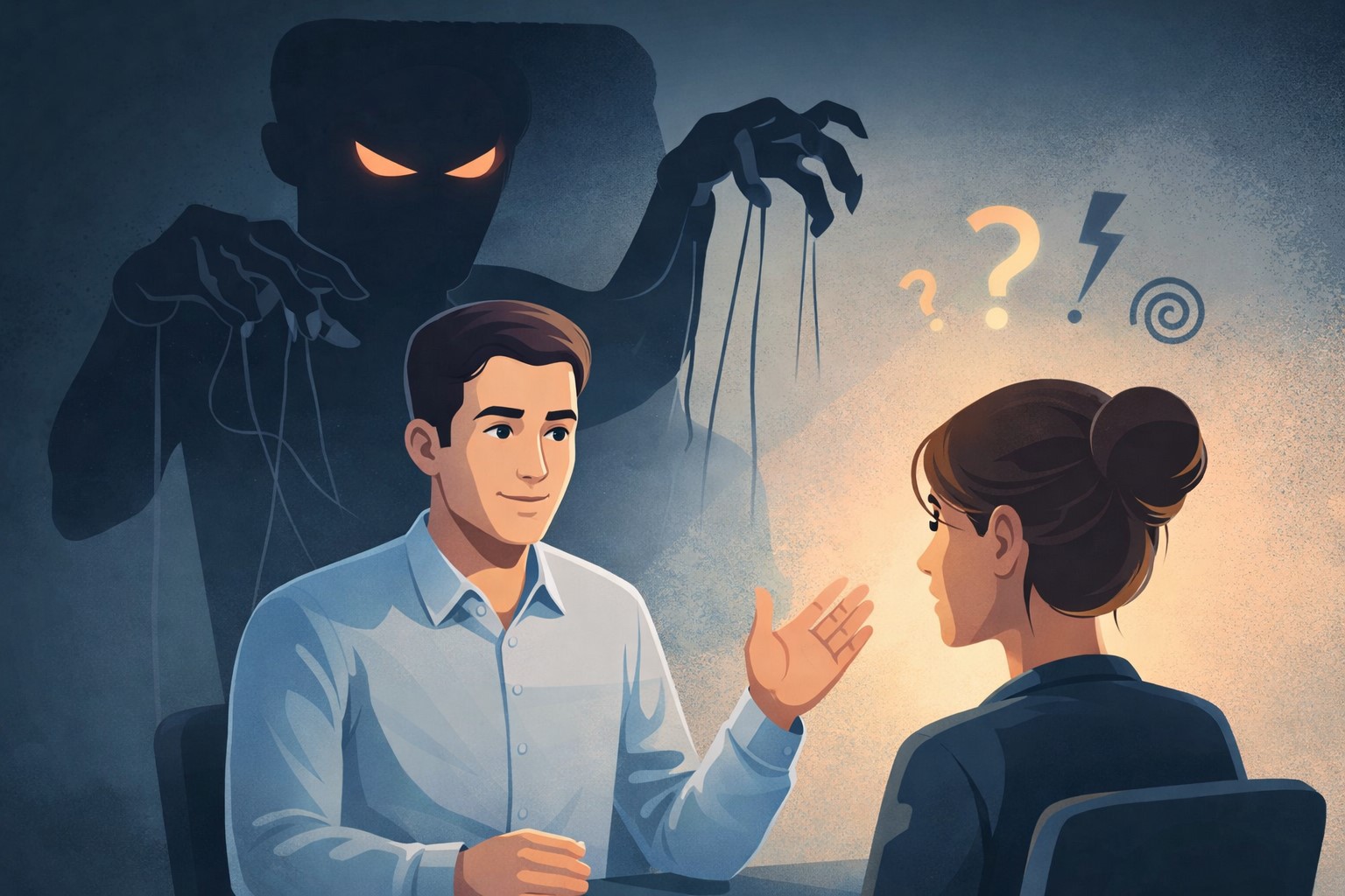 Le faux calme d’un pervers narcissique manipulant sa victime lors d’une discussion